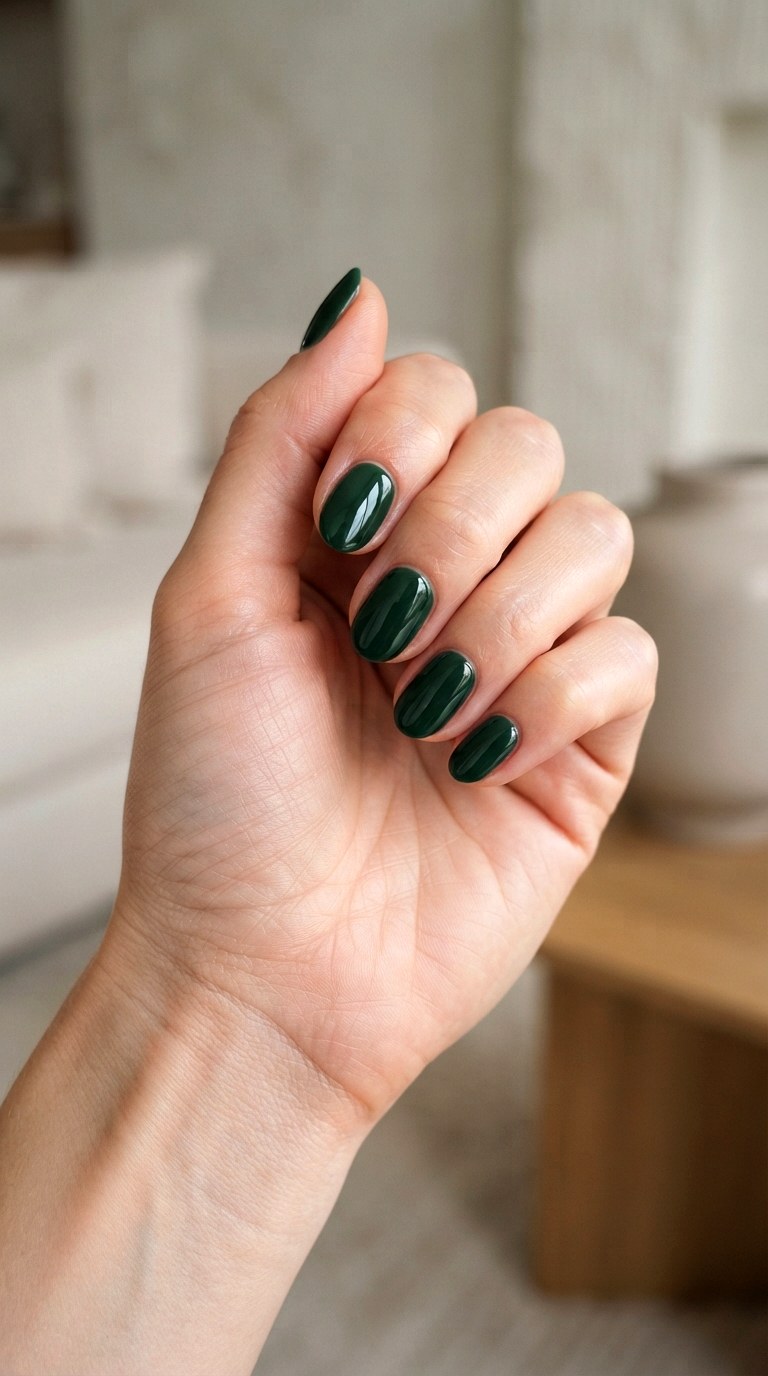Glossy Forest Green Oval Nails - 24 oval short nail ideas