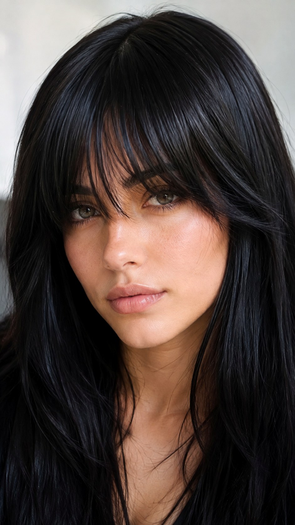 Glossy Midnight Black Curtain Bangs - 20 Wispy Curtain Bangs Long Hair Ideas