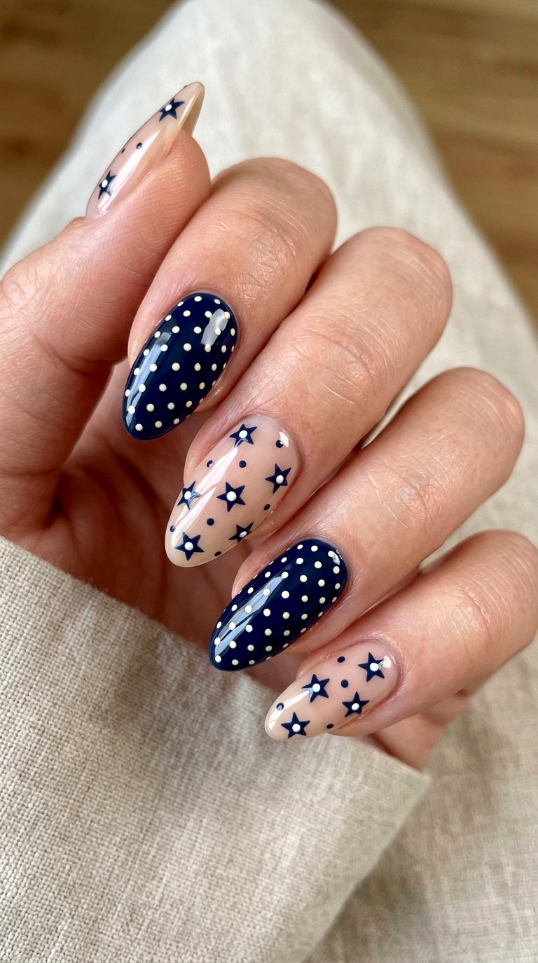 Glossy Navy Star Dots - 20 Star and polka dots Nail design ideas