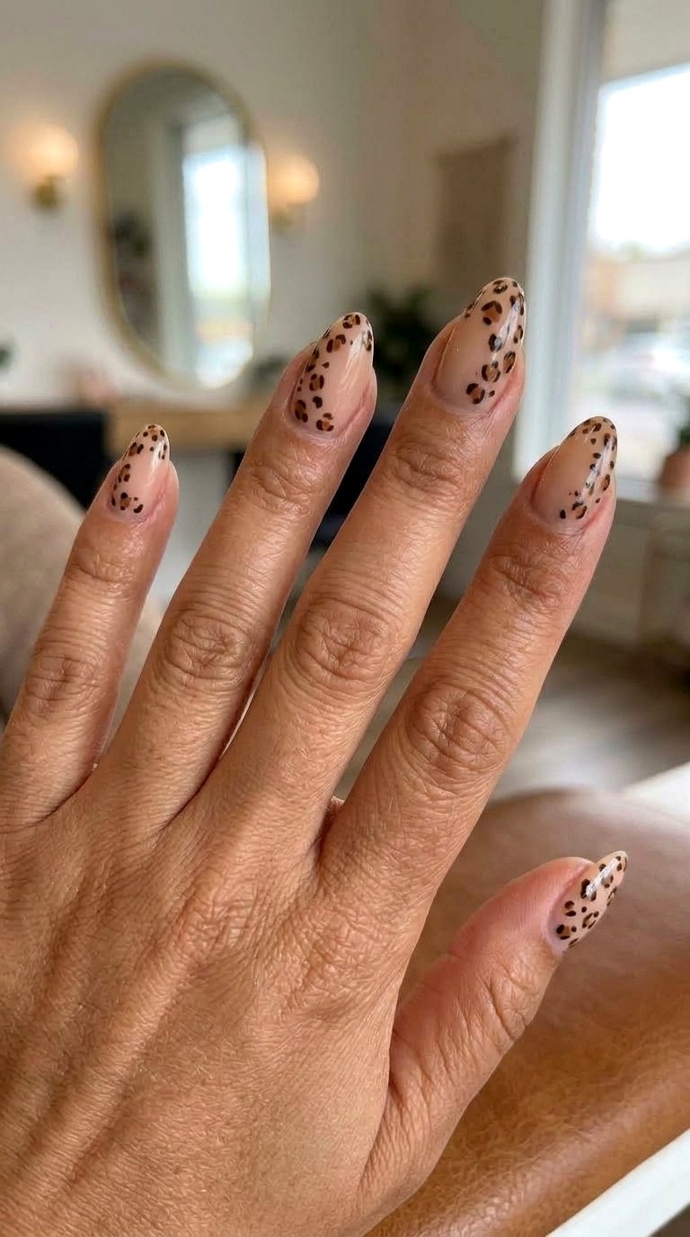 Glossy Nude Cheetah Nails - 20 Modern cheetah print nail design ideas