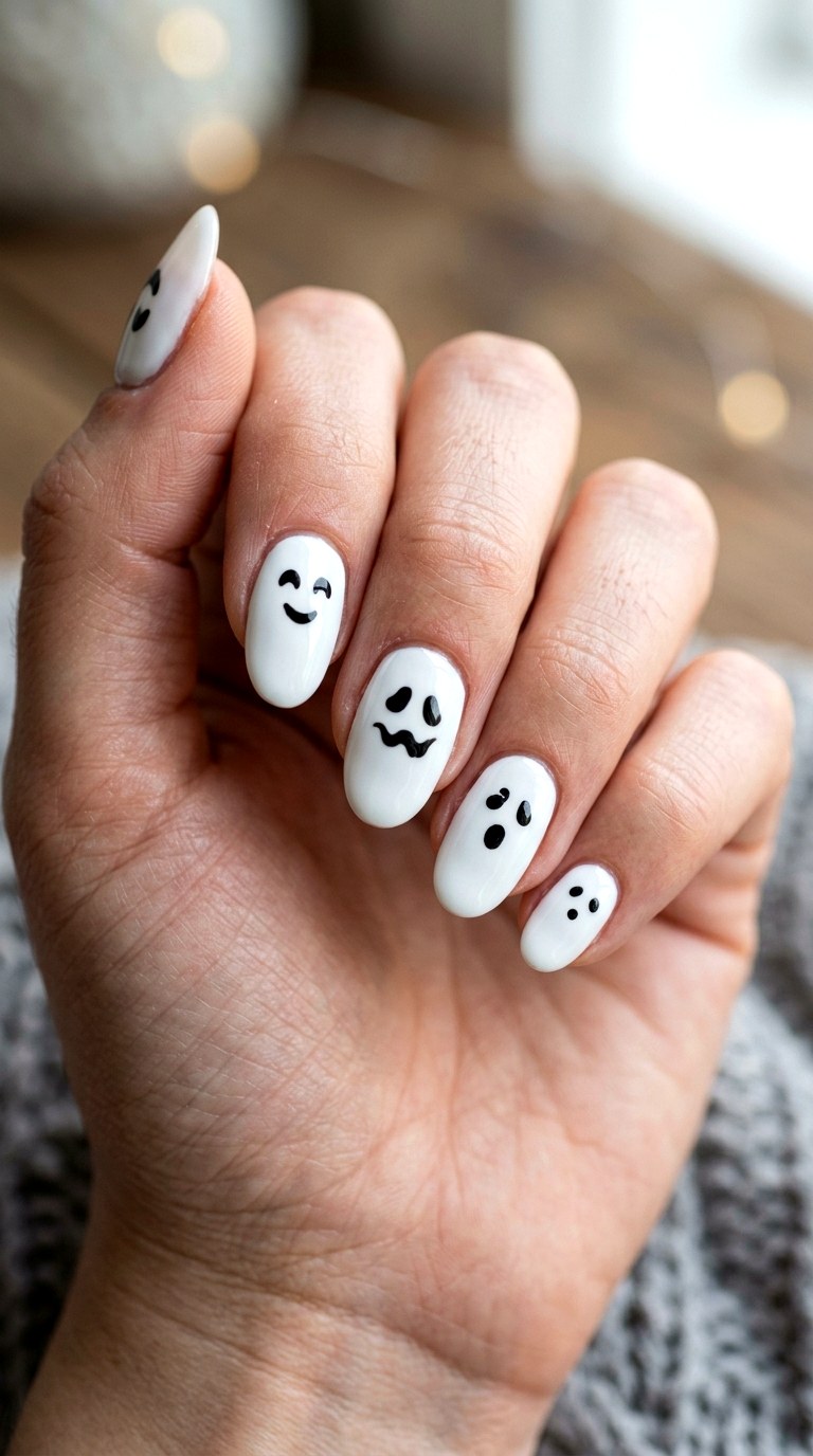 Glossy White Ghost Face Nails - 22 ghost face nail ideas