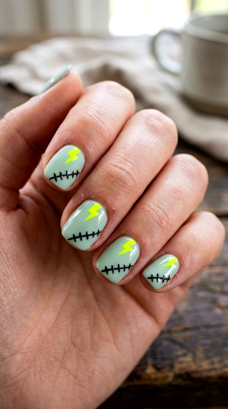 Glow Neon Frankenstein Halloween Nails - 20 halloween nail art ideas