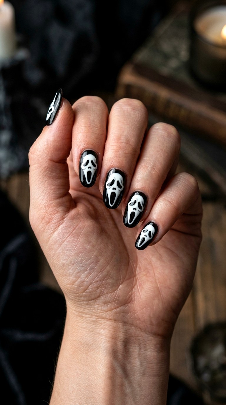 Glow in the Dark Ghost Face Nails - 22 ghost face nail ideas