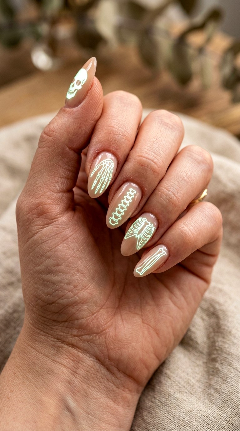 Glow in the Dark Skeleton Nails - 23 simple halloween nail design ideas