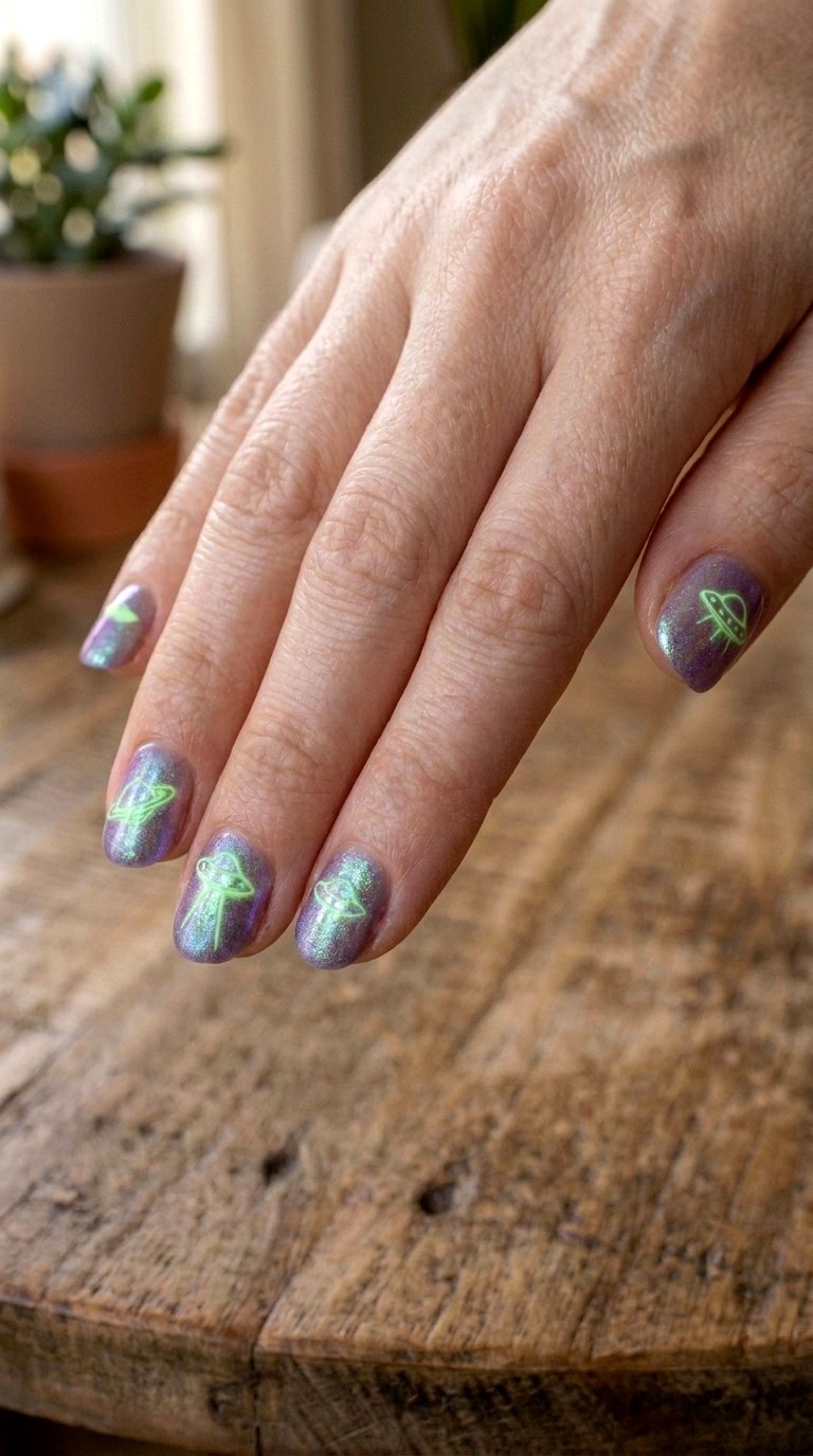 Glowing Alien Short Nails - 25 short halloween nail ideas