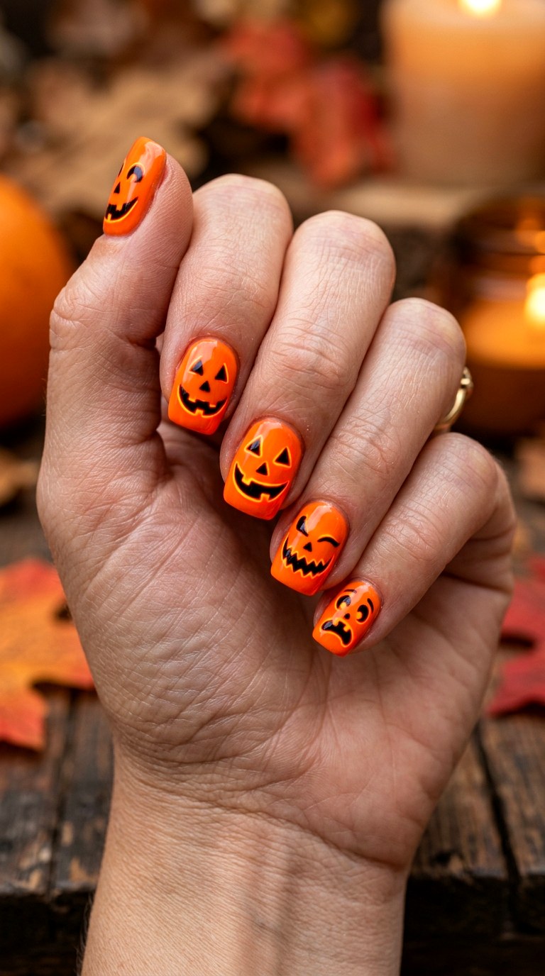 Glowing Jack O Lantern Nails - 24 halloween nail ideas
