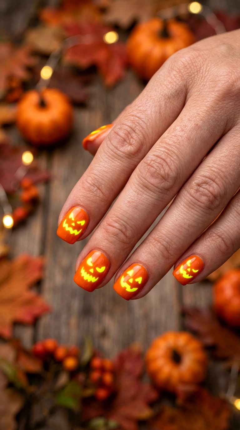 Glowing Jack O Lantern Short Nails - 25 short halloween nail ideas
