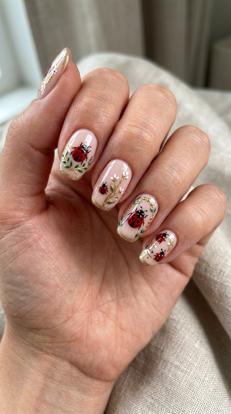Gold Detail Ladybug Nails - 22 Trendy ladybug nail ideas