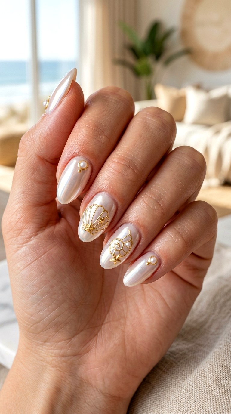 Gold Shell Outline Pearl Nails - 23 Iridescent Pearl and gold starfish shell nail shimmer design ideas