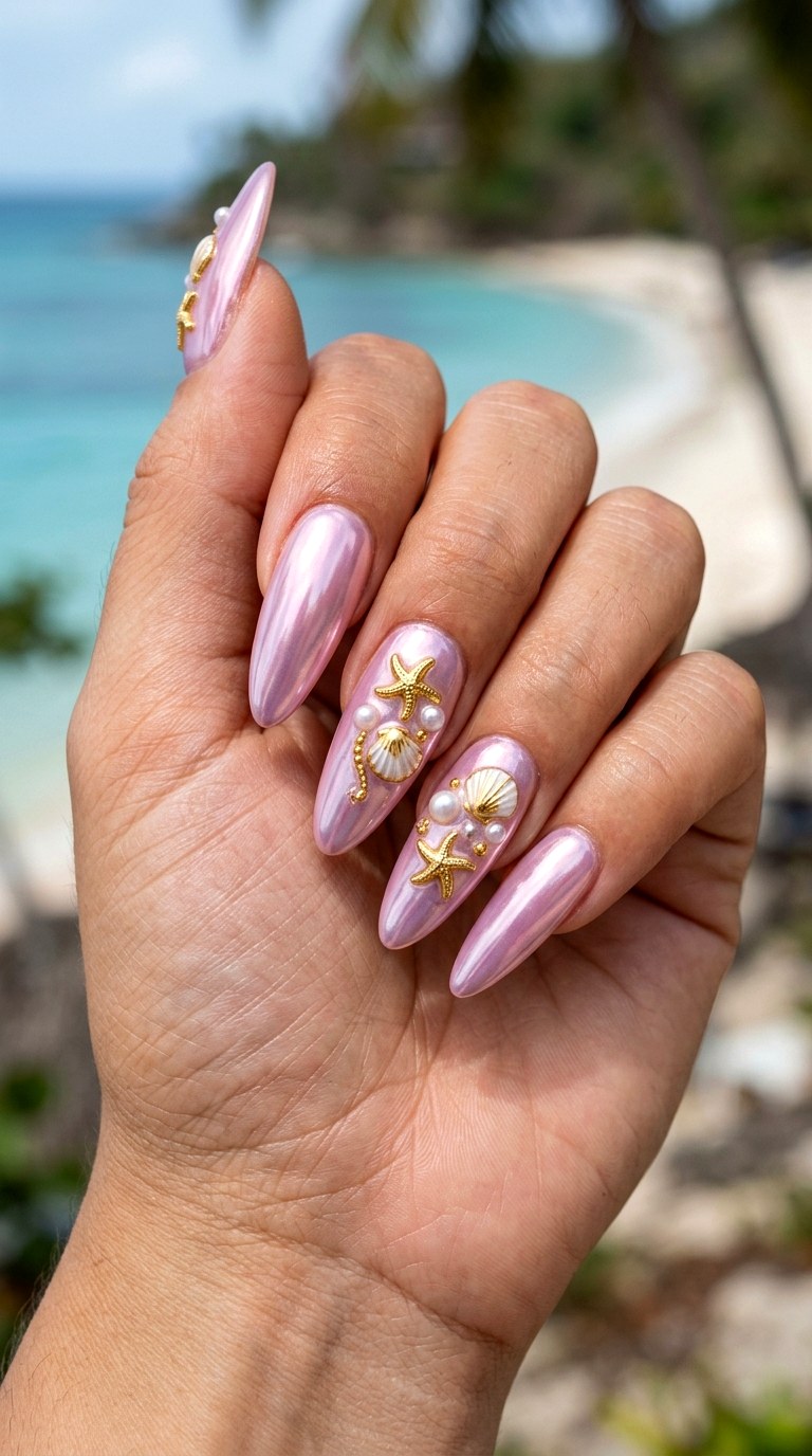 Gold Starfish Mermaid Glow Nails - 23 Iridescent Pearl and gold starfish shell nail shimmer design ideas