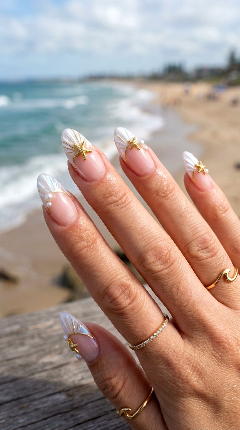 Gold Starfish Pearl French Nails - 23 Iridescent Pearl and gold starfish shell nail shimmer design ideas