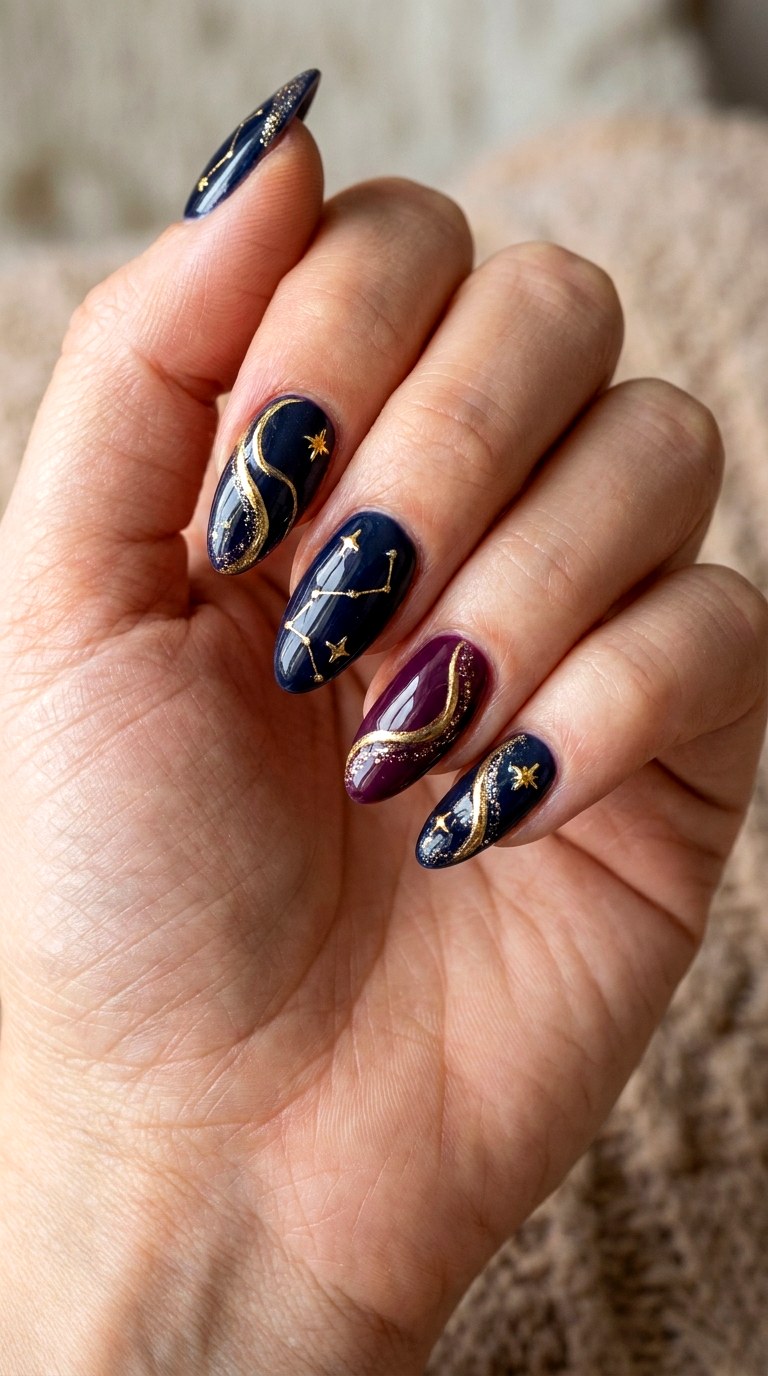 Gold Starry Night Swirls - 25 magical starry swirl nail ideas