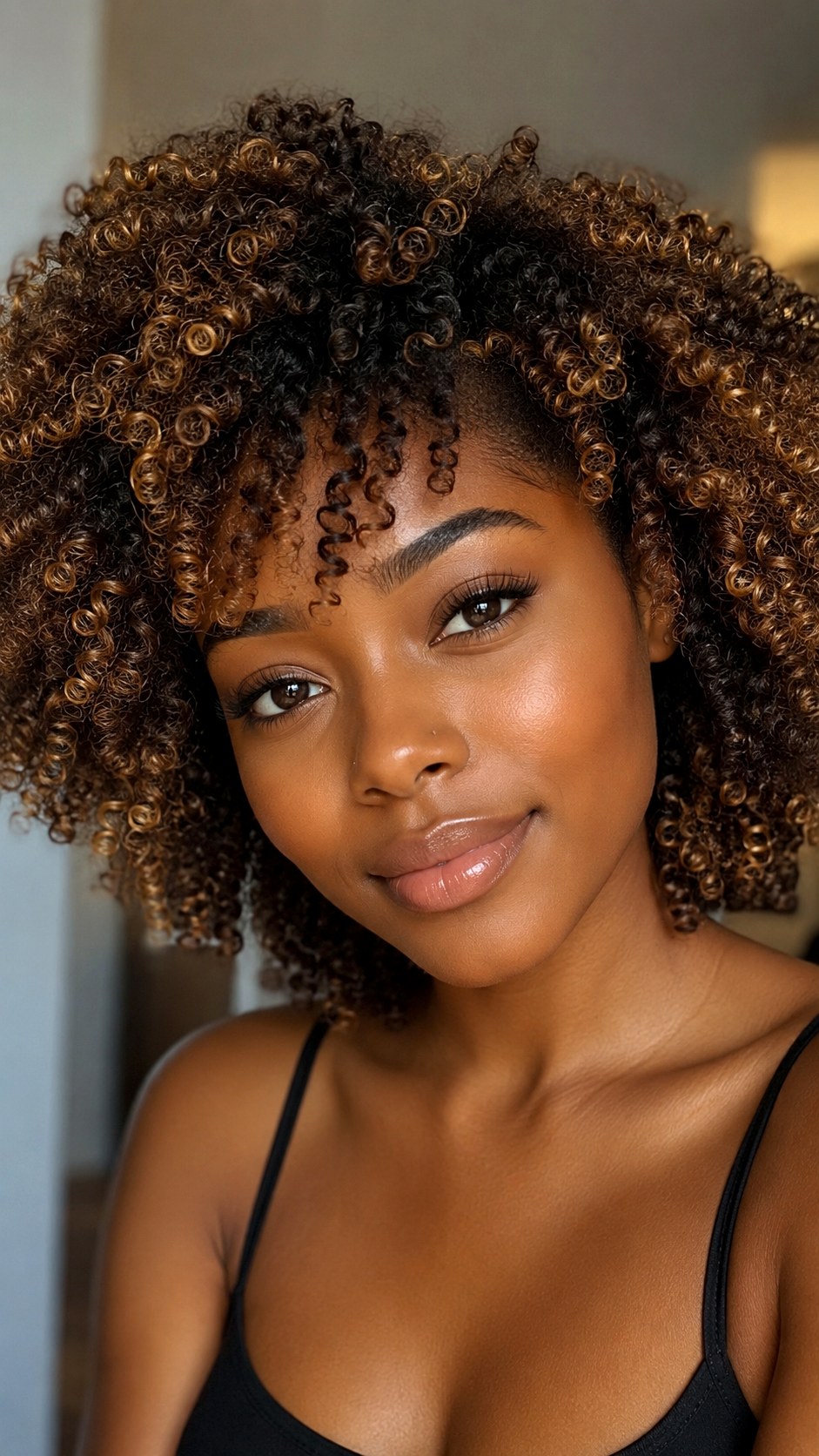 Golden Bronze Babylights on Curly Fro - 24 short hair highlights ideas