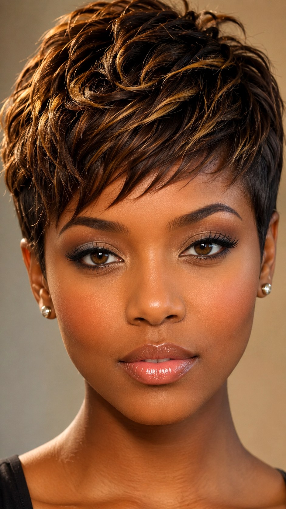 Golden Bronze Highlights on a Pixie - 23 hair color for brown skin ideas