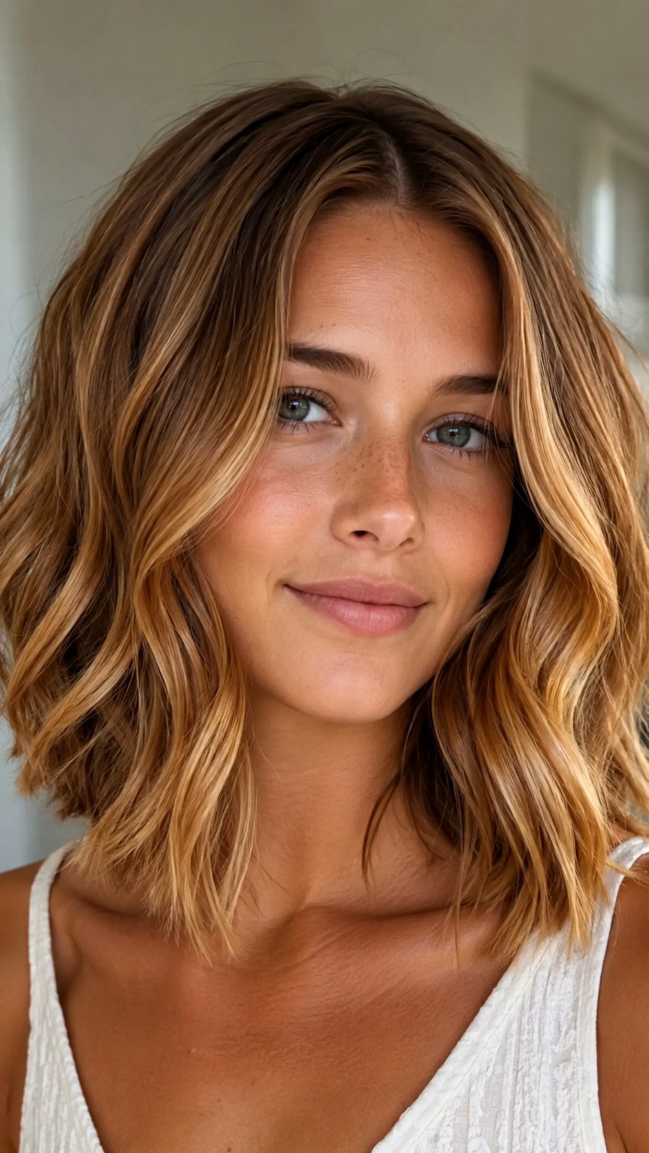 Golden Copper Babylights on Wavy Lob - 24 short hair highlights ideas