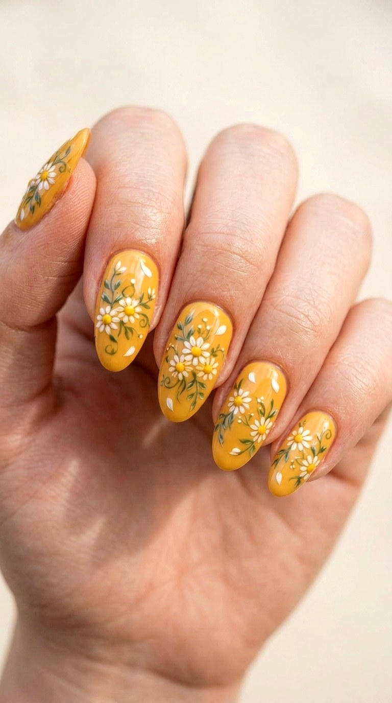 Golden Daisy Garden - 21 dreamy yellow floral summer nail ideas