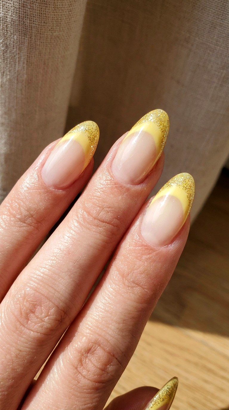 Golden Glitter Yellow Tips Nails - 22 sunlit tips Yellow nail design ideas