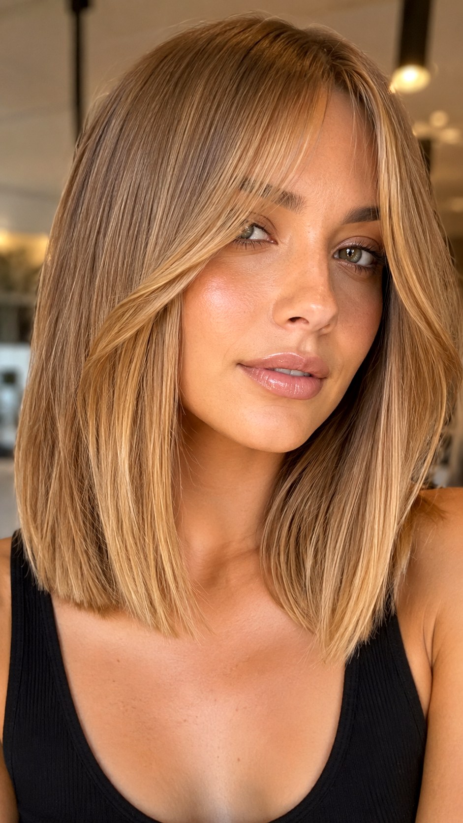 Golden Honey Blunt Cut Frames long curtain bangs - 22 Long Curtain Bangs Ideas