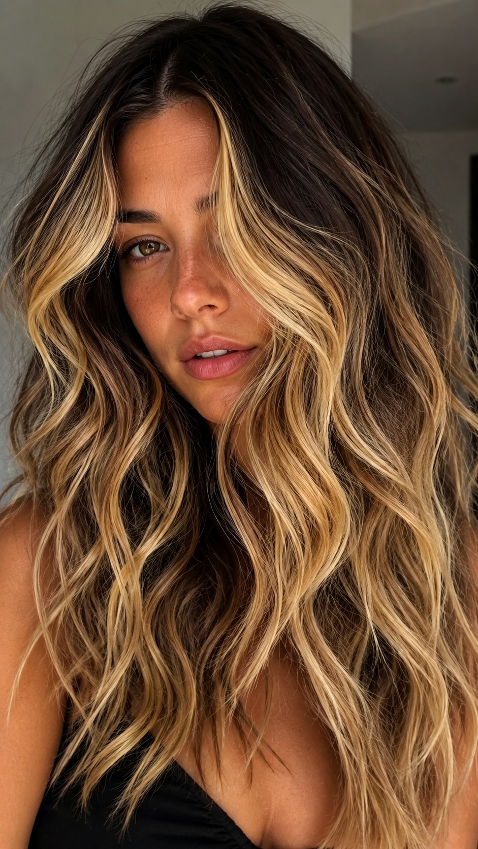 Golden Ribbon Waves with Dark Root - 23 wavy hair highlights ideas