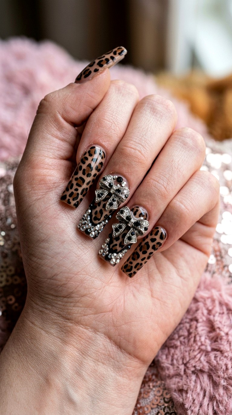 Gothic Leopard Bow Glam - 20 Mcbling Gothic leopard Y2K nail ideas