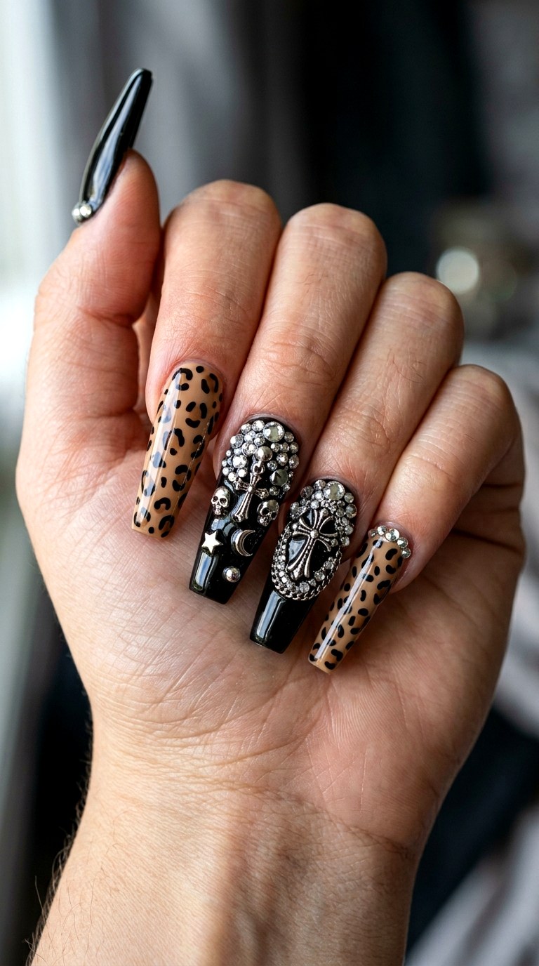 Gothic Leopard Rhinestone Coffin - 20 Mcbling Gothic leopard Y2K nail ideas
