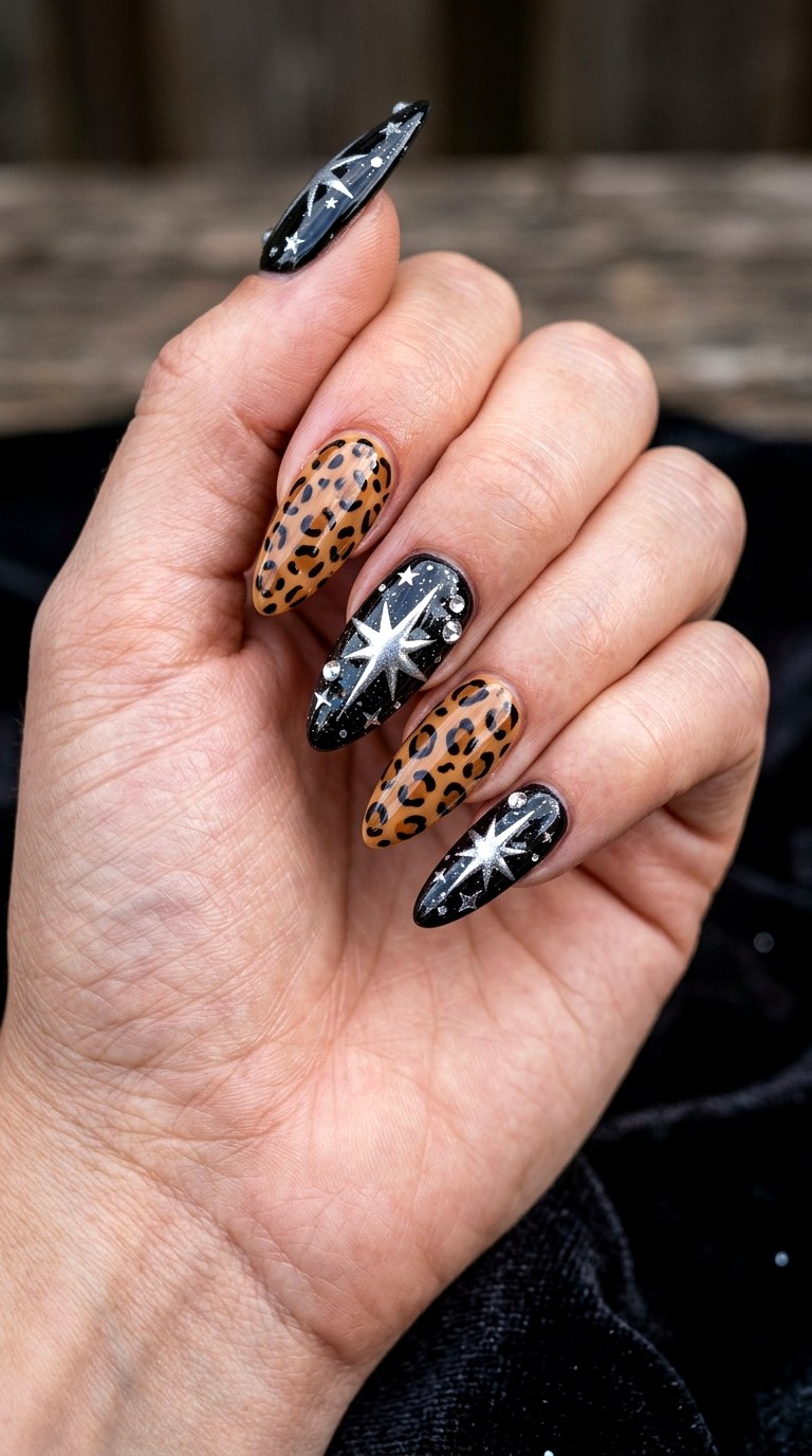 Gothic Leopard Starburst Nails - 20 Mcbling Gothic leopard Y2K nail ideas