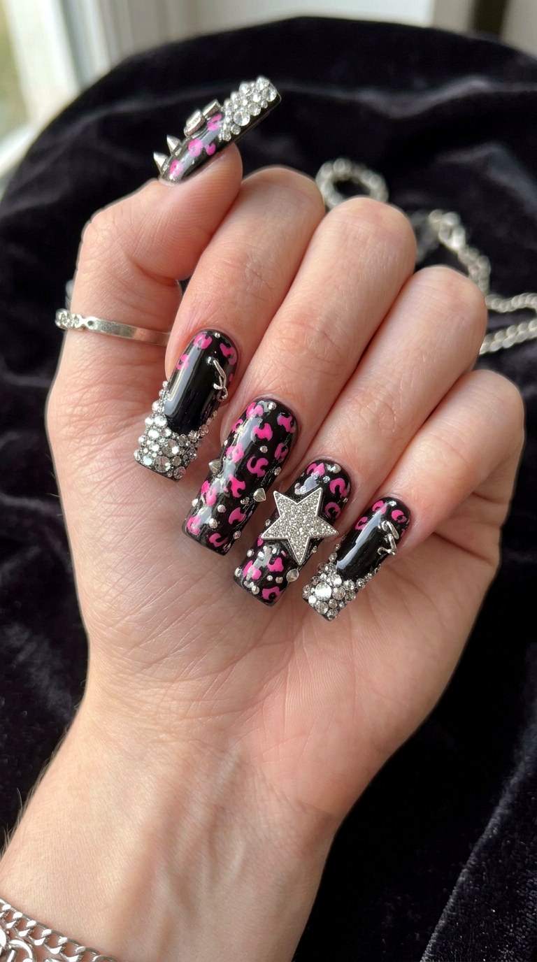 Gothic Pink Leopard Bling - 20 Mcbling Gothic leopard Y2K nail ideas