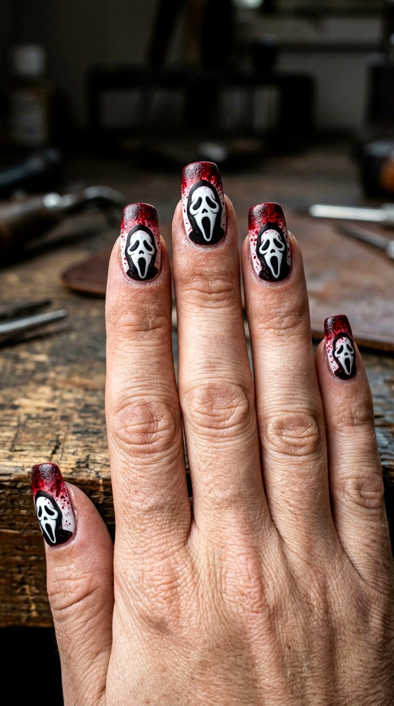 Gradient Blood Splatter Ghost Face Nails - 22 ghost face nail ideas