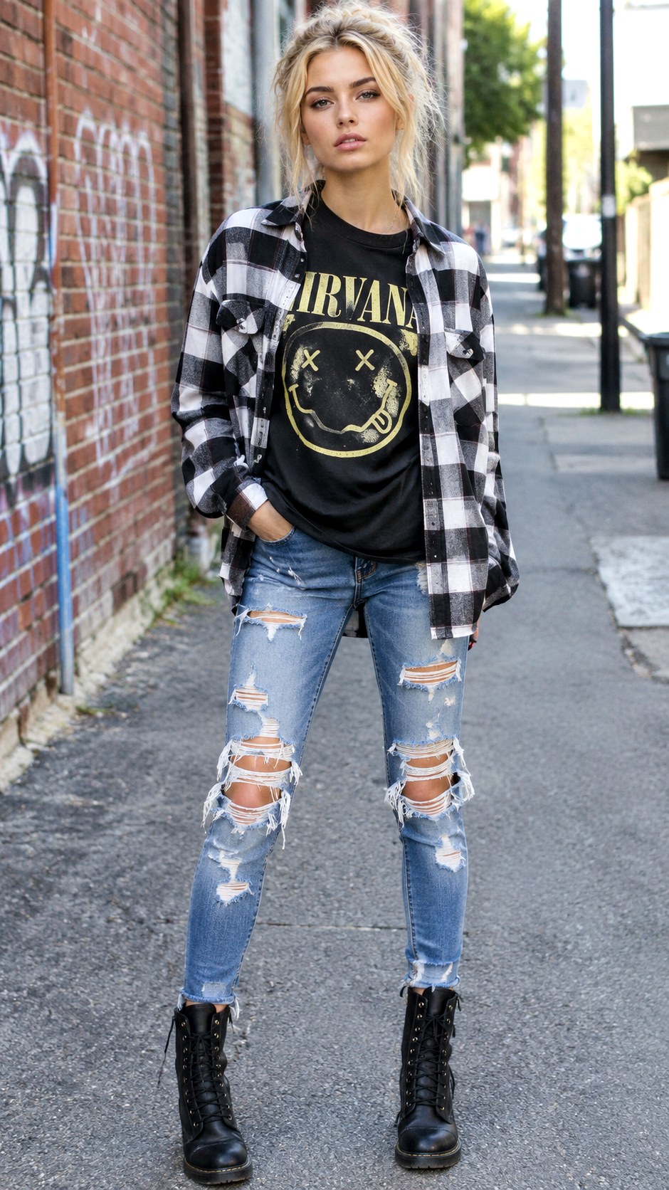 Graphic Band Tee And Ripped Jeans With Plaid Shacket - 23 plaid shacket outfit women ideas
