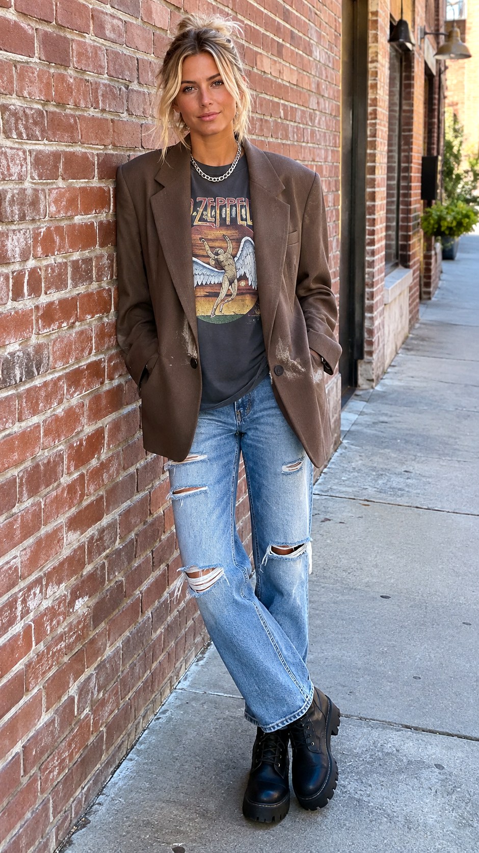 Graphic Band Tee and Distressed Jeans - 23 brown blazer outfits for women ideas