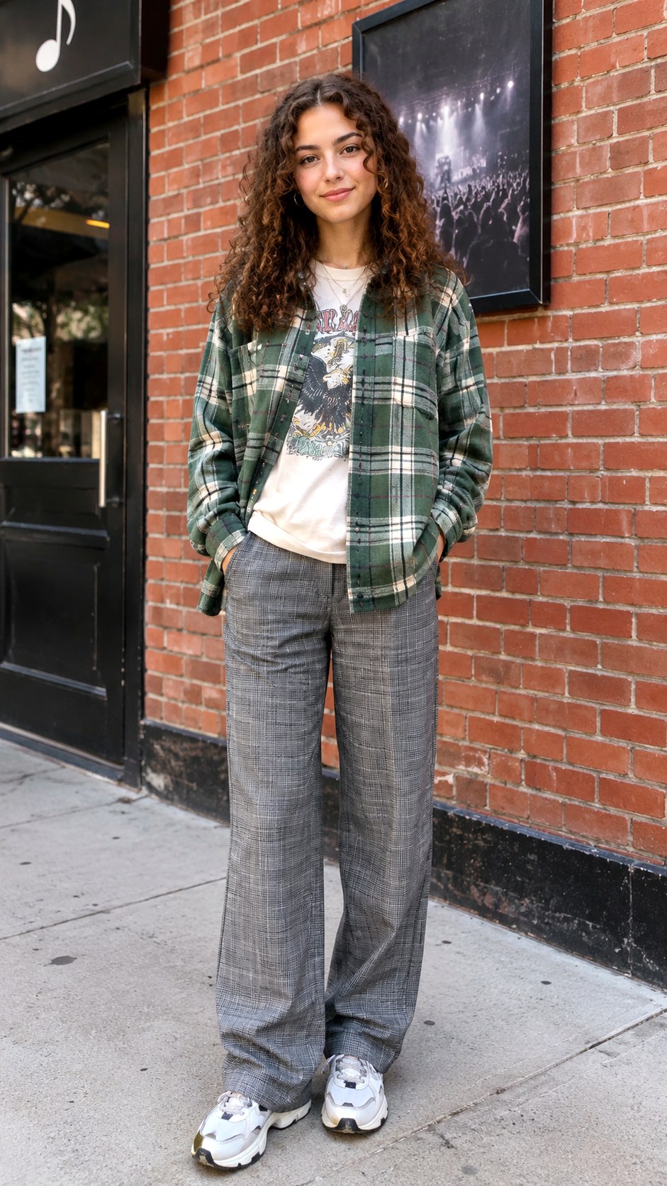 Graphic Tee And Plaid Trousers - 24 check shacket outfit ideas