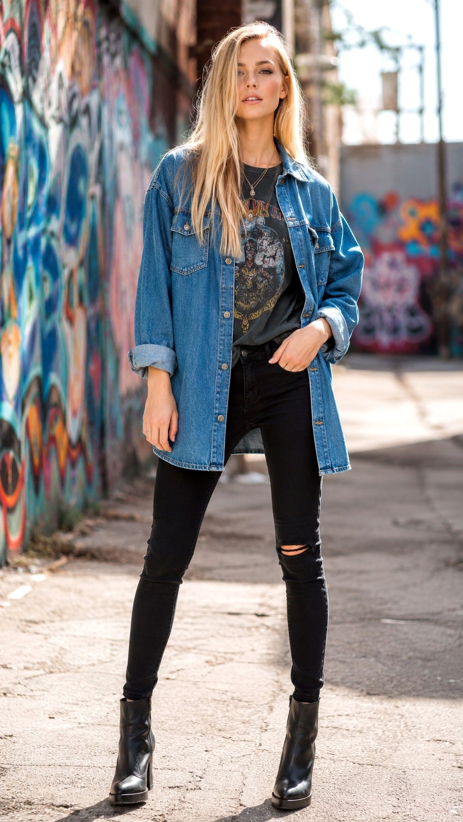Graphic Tee and Denim Shacket Outfit - 25 denim shacket outfit look ideas