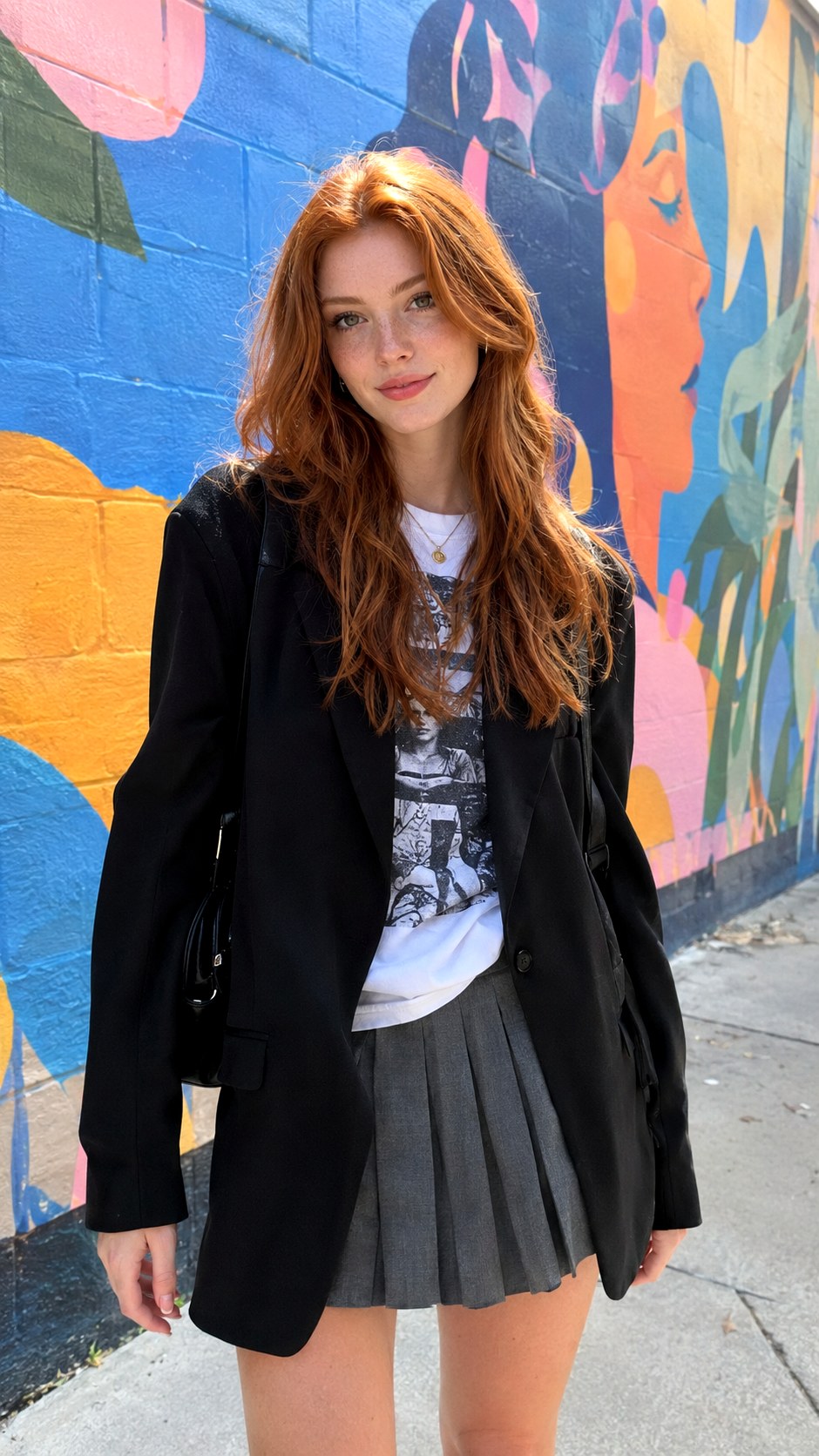 Graphic Tee and Pleated Skirt - 23 oversized blazer outfit ideas