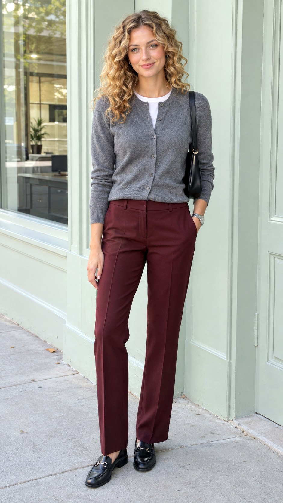 Gray Cardigan With Burgundy Tailored Pants - 20 fall clothes outfit ideas