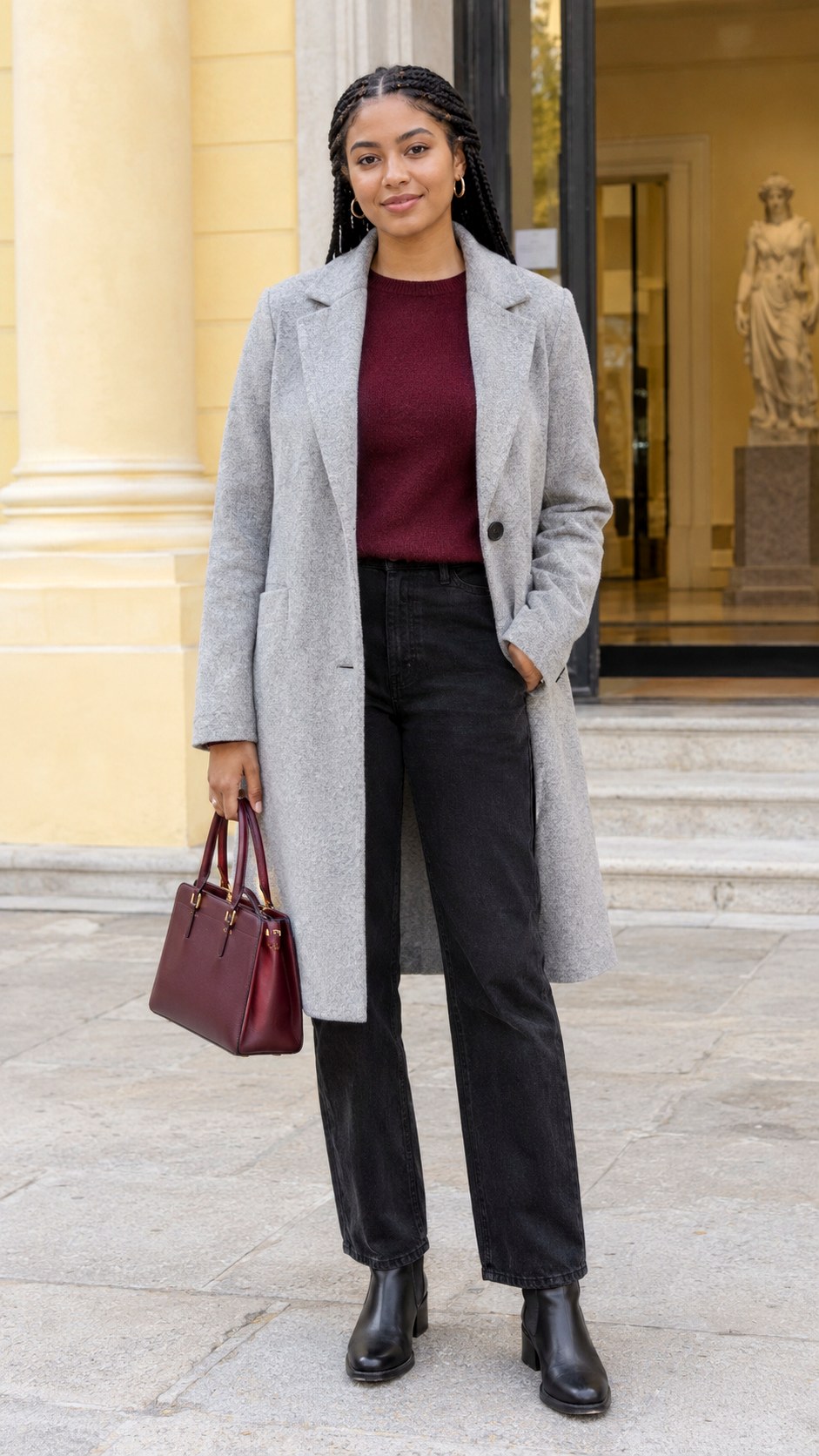 Gray Wool Coat With Burgundy Knit - 20 autumn 2026 outfits