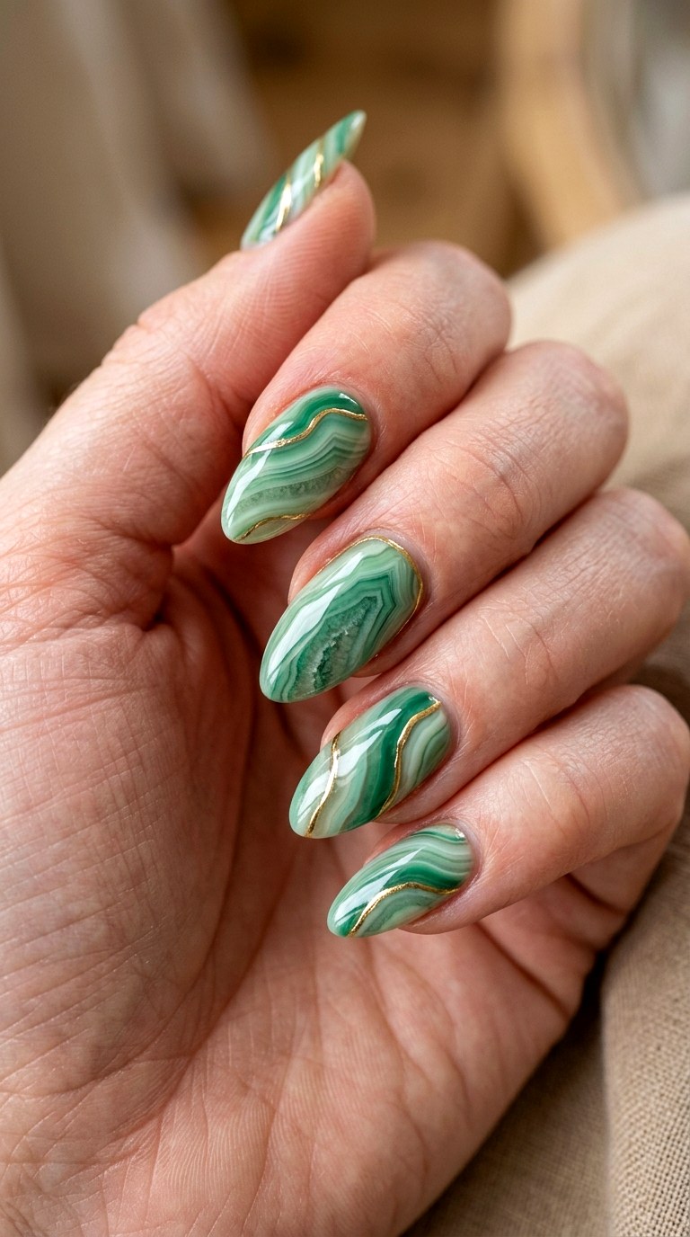 Green Agate Gold Edge Nails - 23 rendering green stone Nail ideas