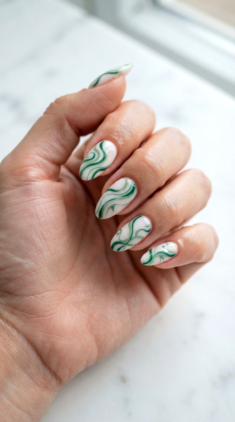 Green And White Swirl Nails - 24 Green Nail ideas