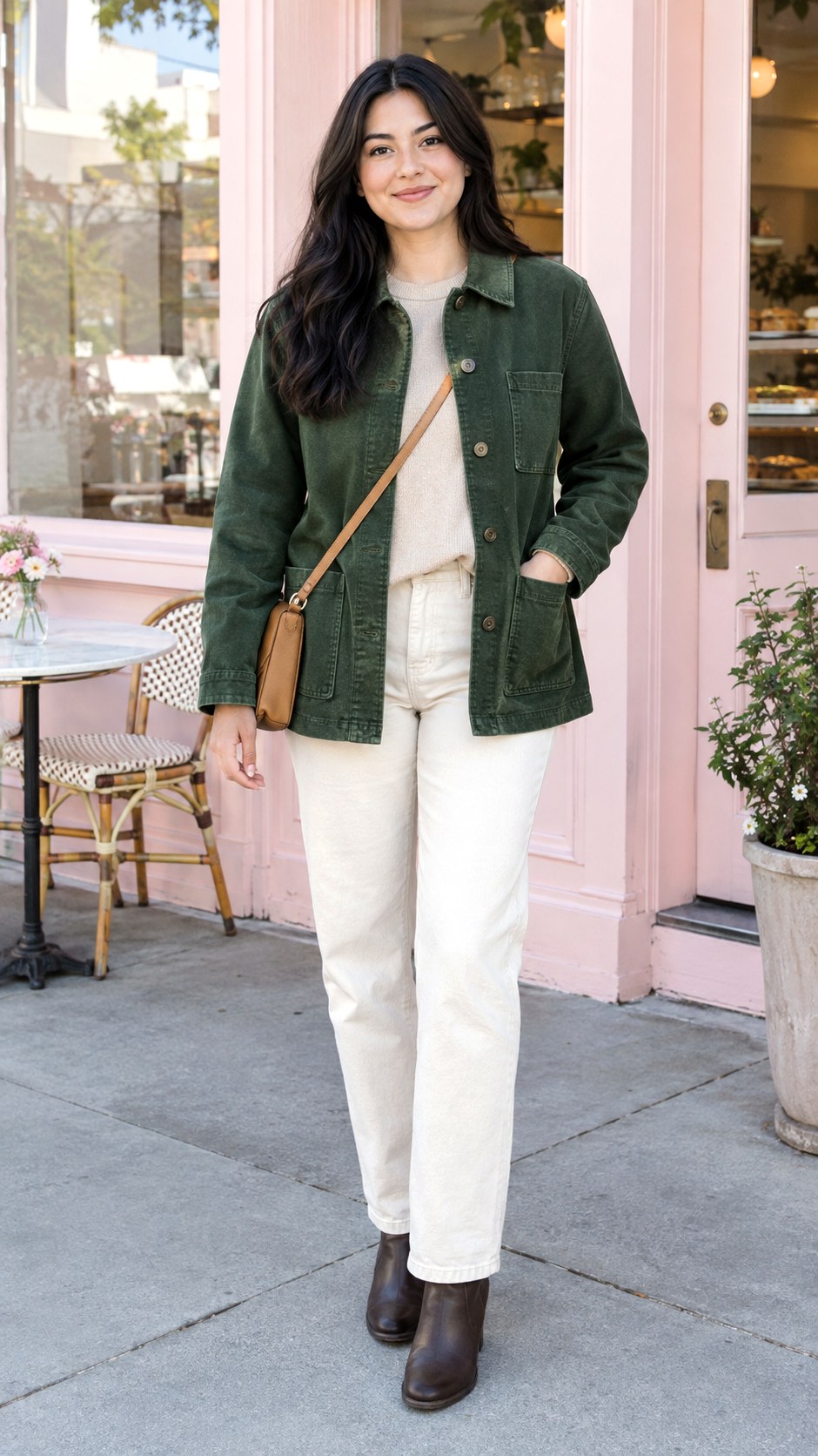 Green Chore Jacket With Ecru Denim - 20 fall jackets outfit ideas