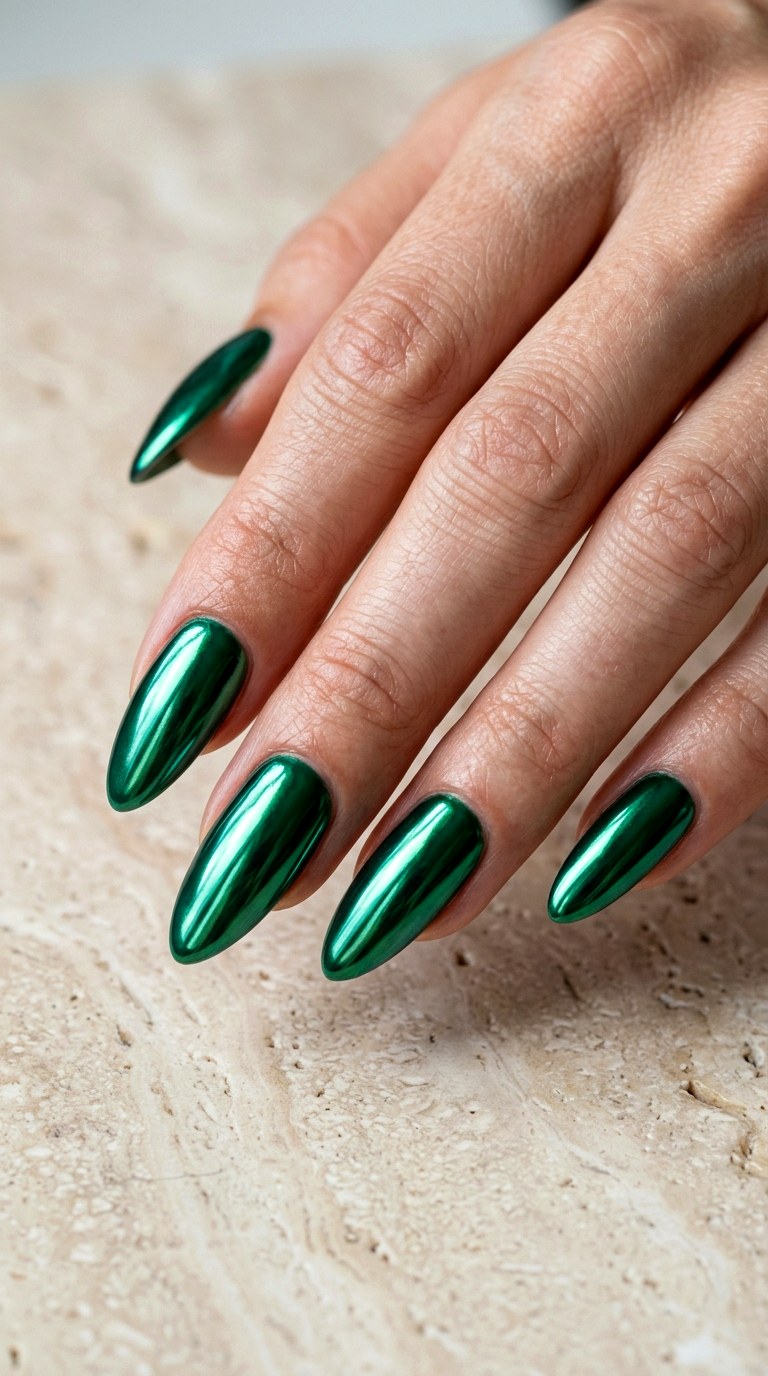 Green Chrome Almond Nails - 24 Green Nail ideas
