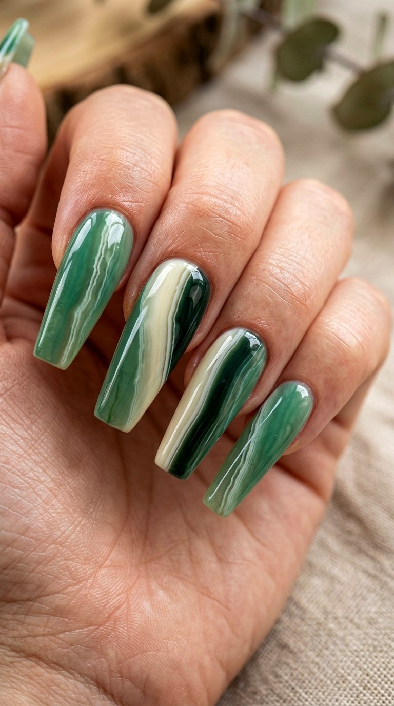 Green Onyx Vein Nails - 23 rendering green stone Nail ideas