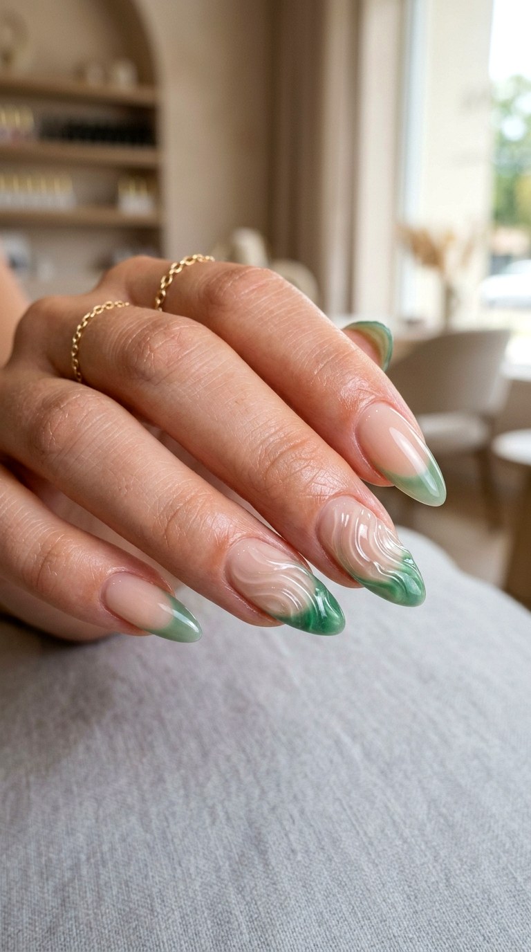 Green Ripple French Almonds Nails - 23 3d green ripple nail art inspiration ideas