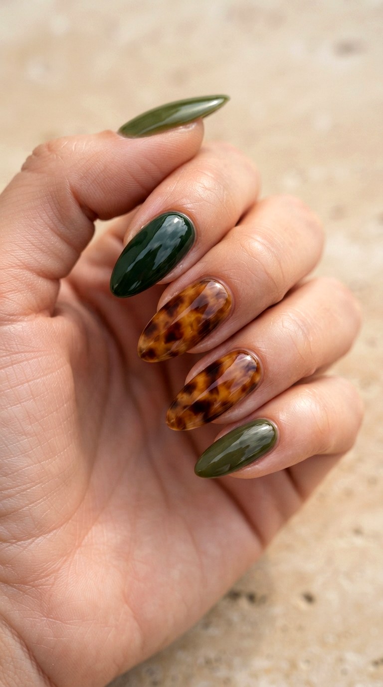 Green Tortoiseshell Accent Nails - 24 Green Nail ideas