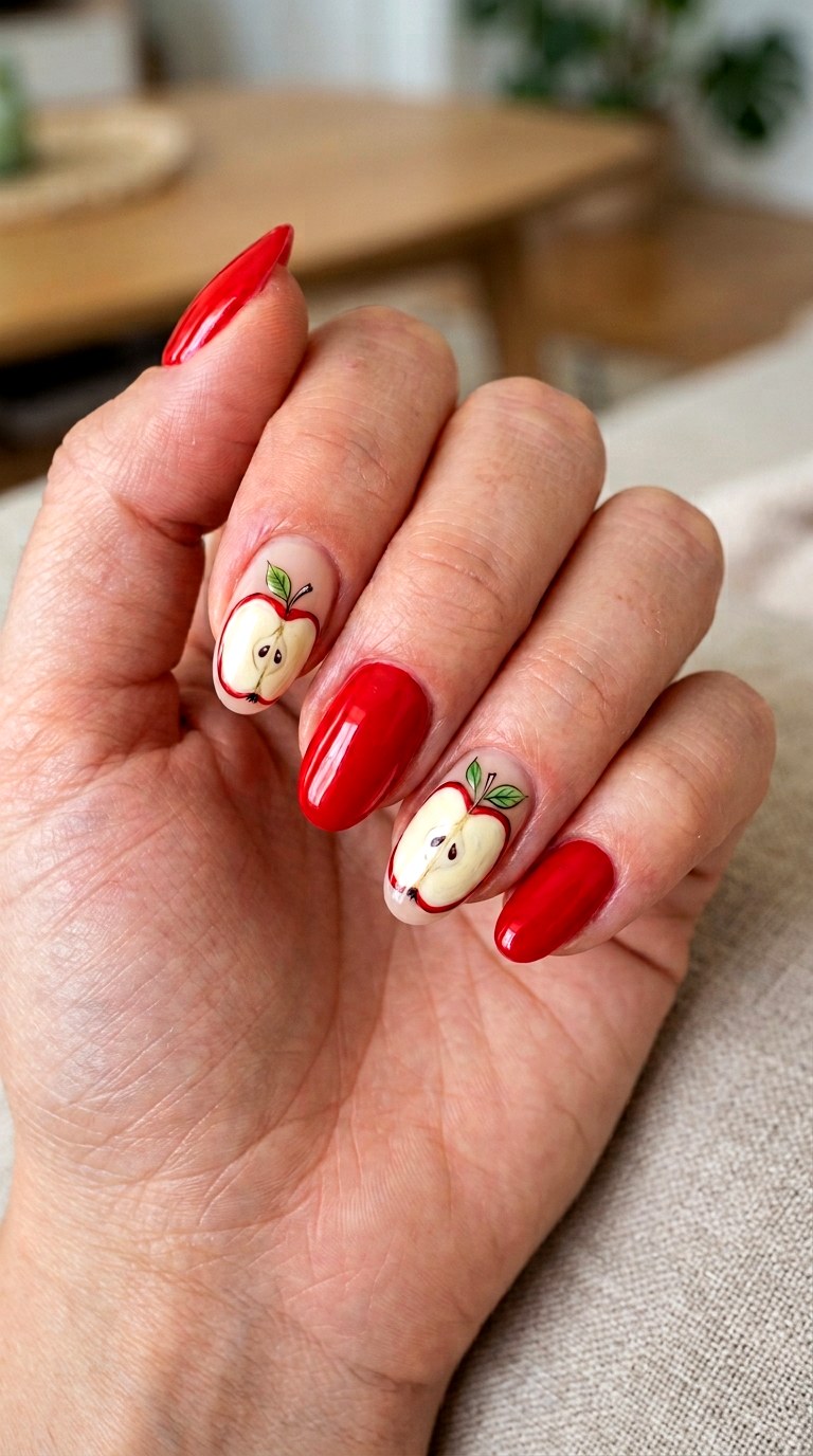 Half Apple Illustration Nails - 20 apple whimsical nail design ideas