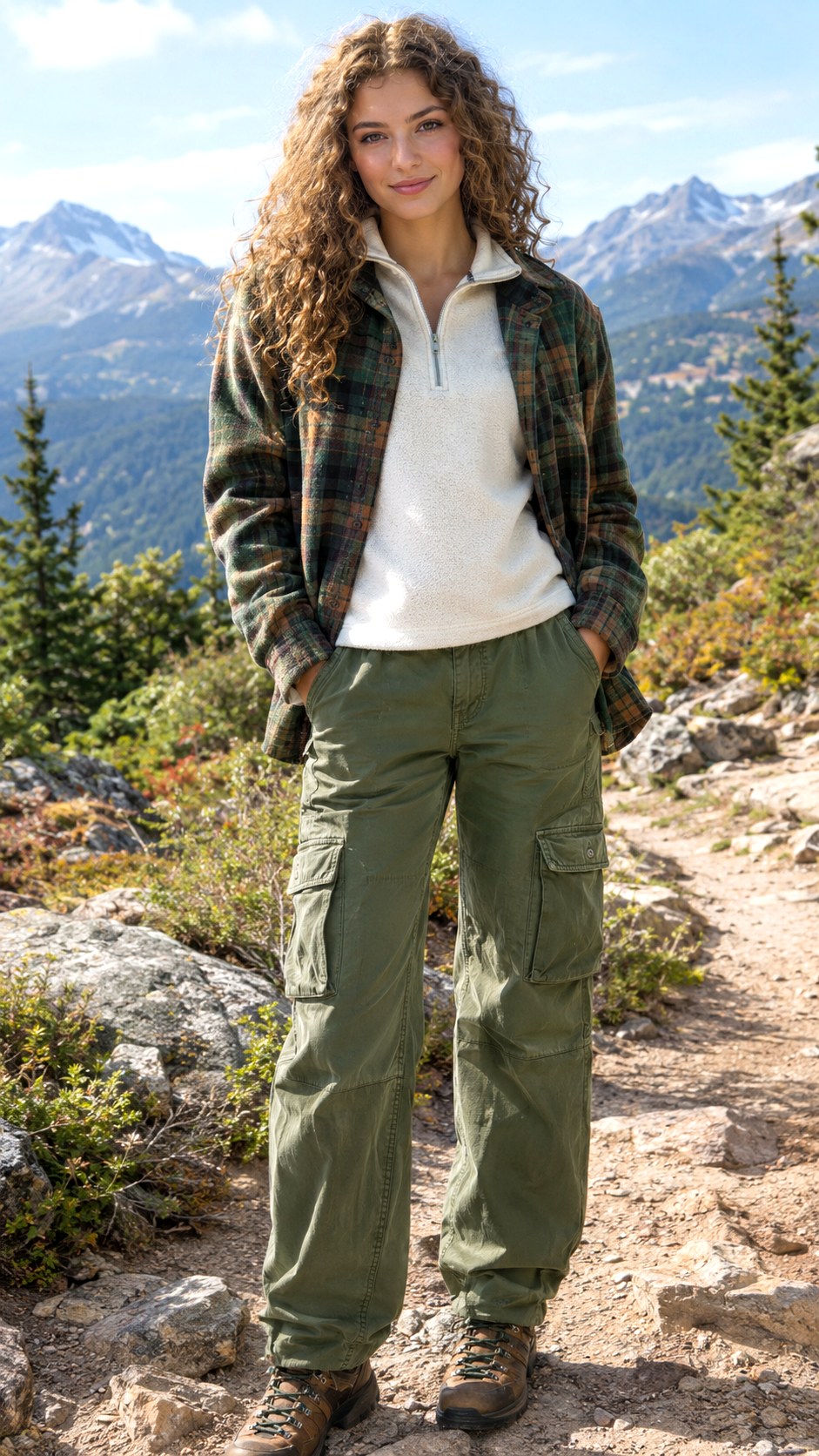 Half Zip Pullover And Cargo Pants With Plaid Shacket - 23 plaid shacket outfit women ideas