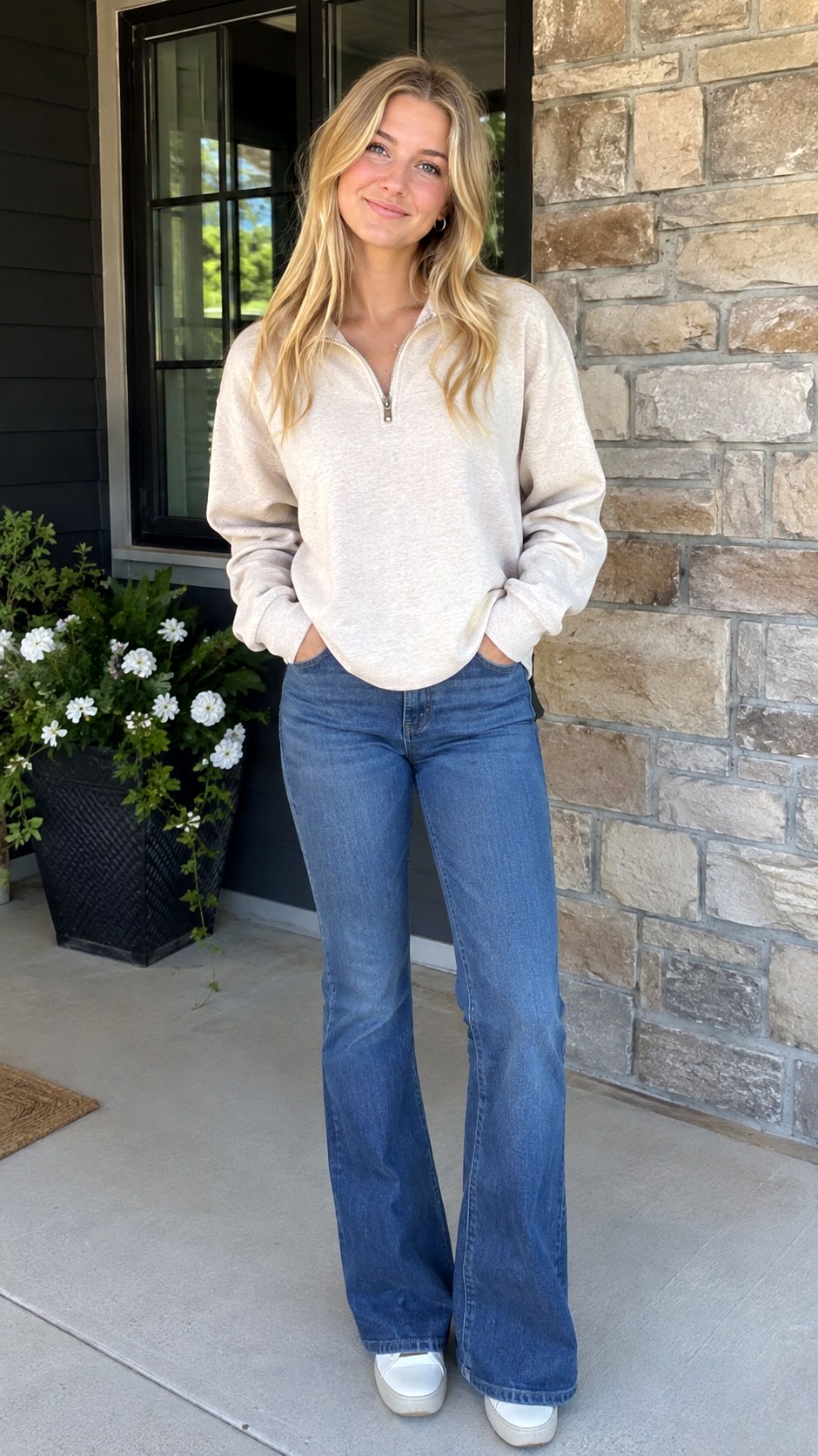 Half Zip Sweatshirt With Bootcut Jeans - 21 jeans and sweatshirt outfit ideas