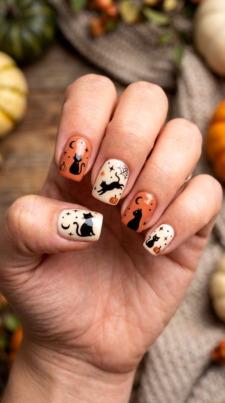 Halloween Black Cat Nails - 23 black cat short nail design ideas