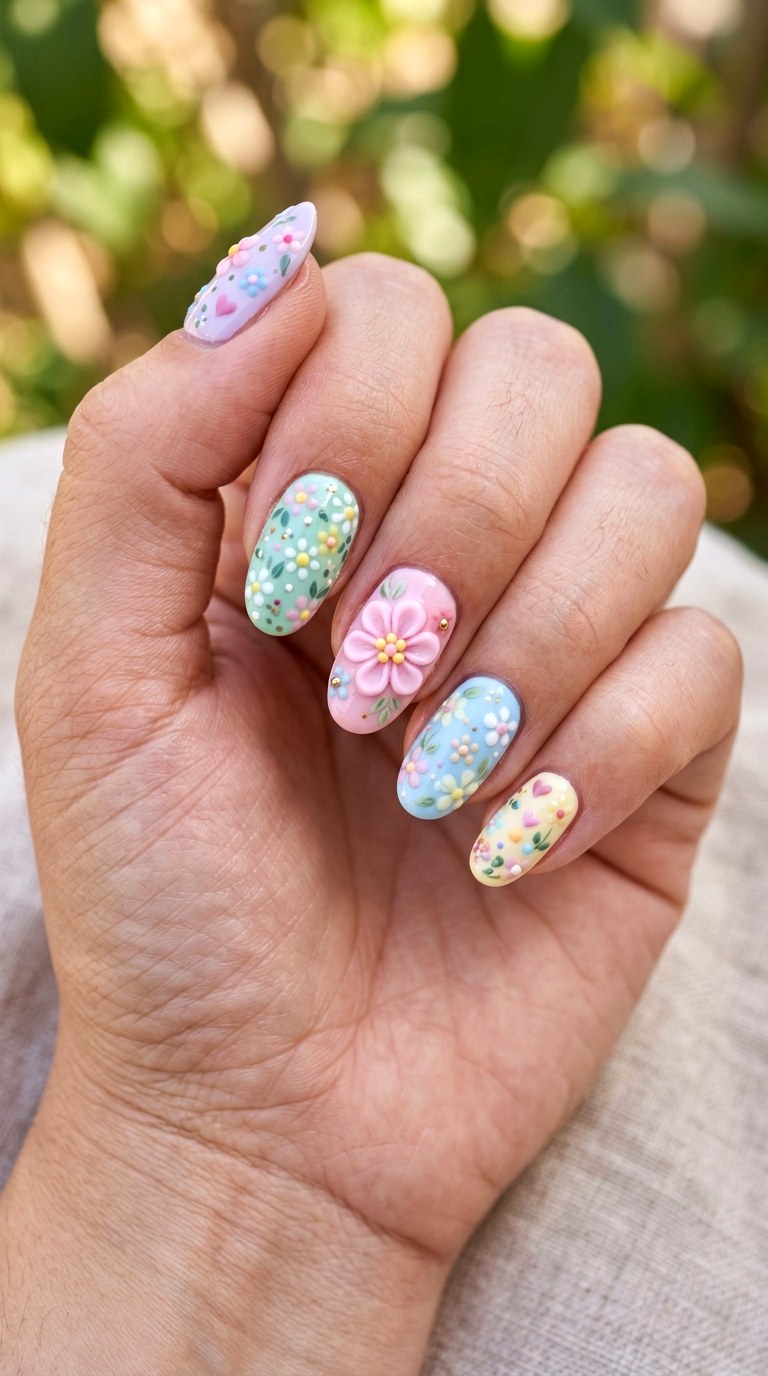 Handmade Pastel Flower Nails - 20 Handmade pastel kawaii nail design ideas