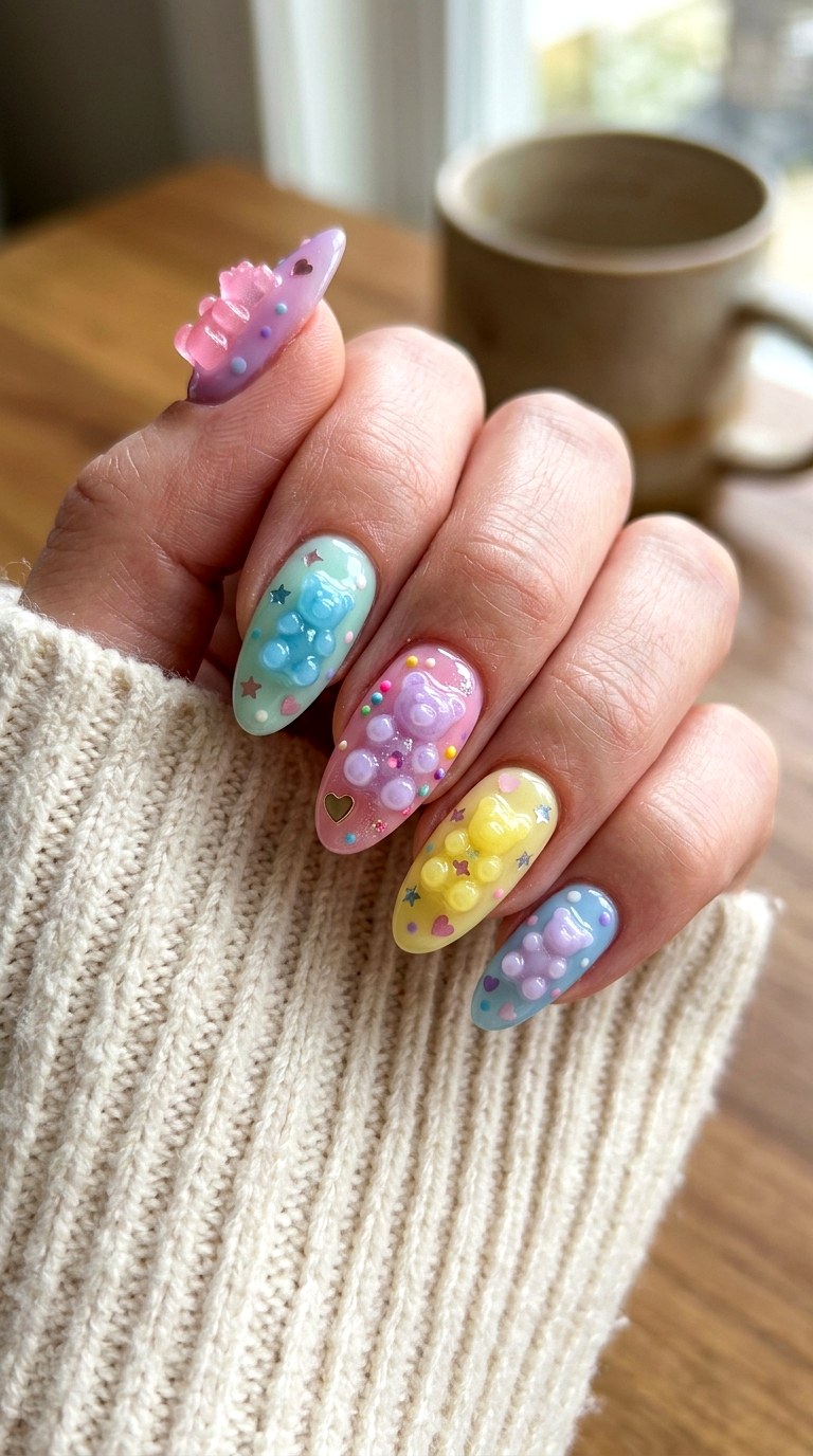 Handmade Pastel Gummy Bears - 20 Handmade pastel kawaii nail design ideas