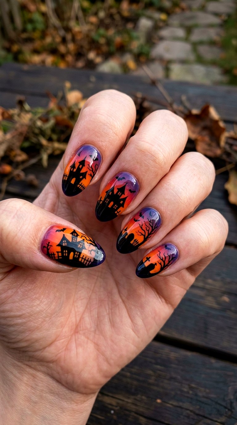 Haunted House Silhouette Nails - 25 short halloween nail ideas