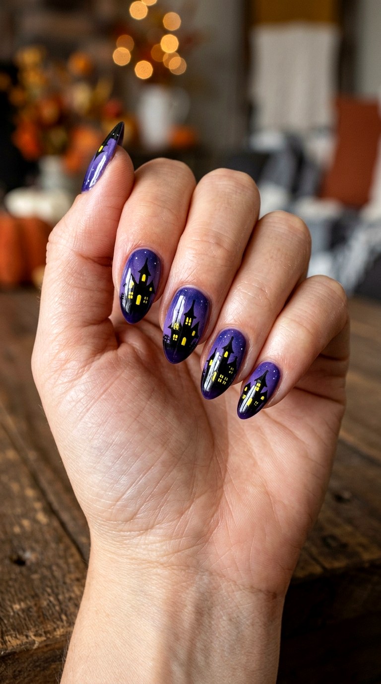 Haunted House Silhouette Nails - 21 halloween nail inspo ideas